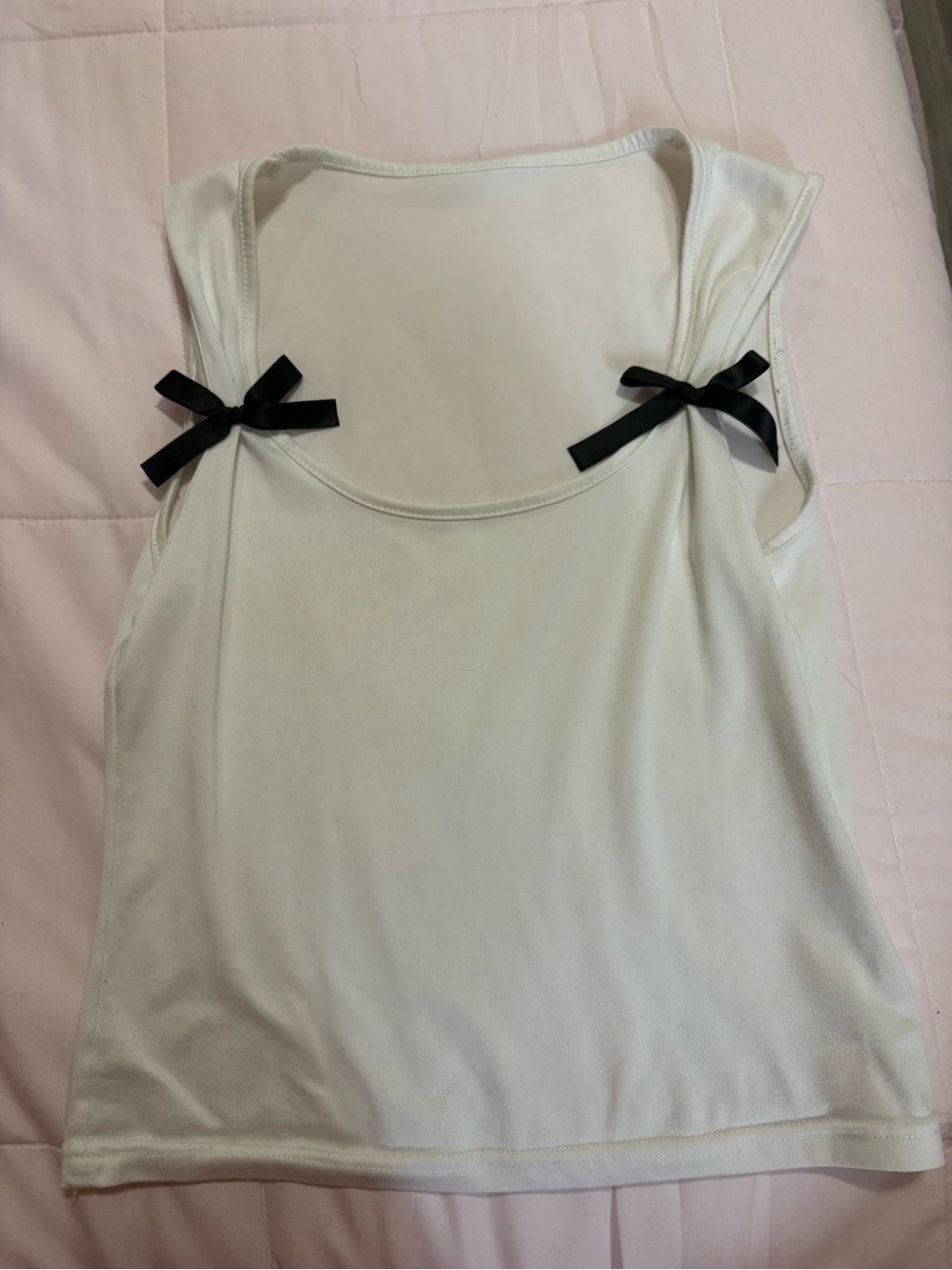 SHEIN White Tank Top with Black Bow Shoulder Ties
